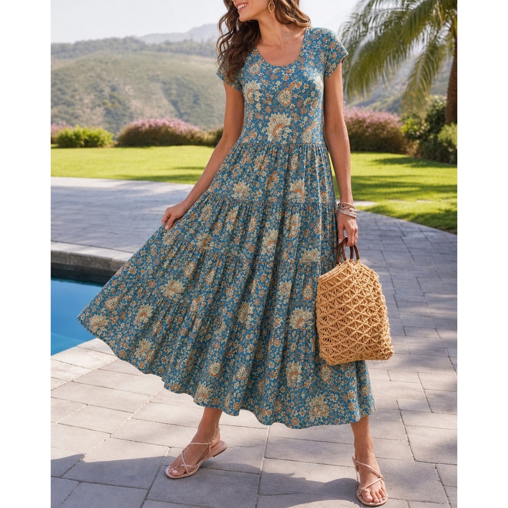 Soft Surroundings Kara Maxi Dress Small Boho Tiered Floral Paisley Cottage Blue